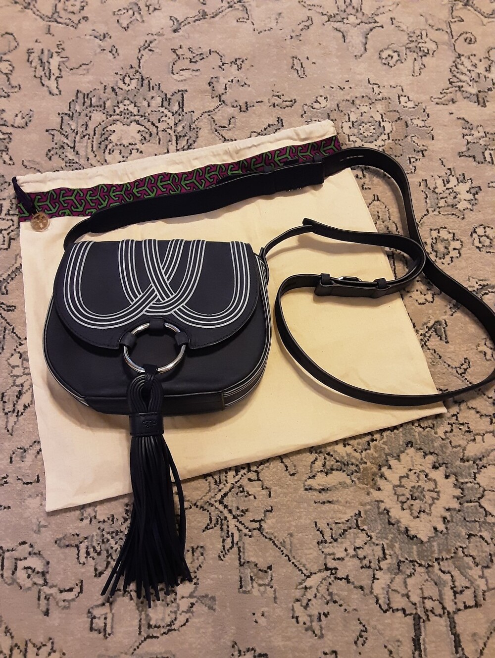 Tory Burch Navy Crossbody Saddle Bag with Tassel
